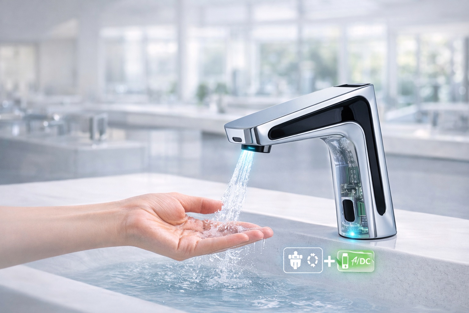 Touchless faucet in commercial setting